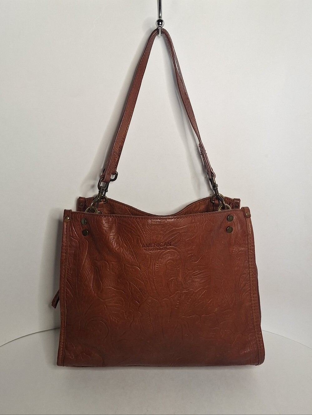 American Leather Co. Brandy Tooled Lenox Triple Entry Leather Tote Shoulder Bag